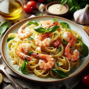 Tagliatelle Fresco ao Molho de Champagne e Camarão Salteado