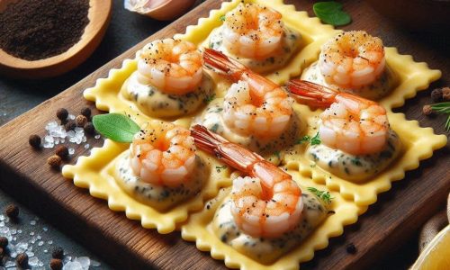 Ravioli Artesanal Recheado com Camarão e Creme de Trufas Brancas