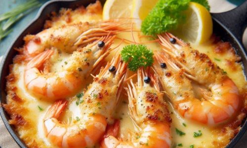 Camarão Thermidor com Queijo Gruyère e Crosta Gratinada