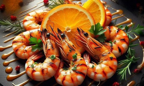 A Elegância do Filé de Camarão Grelhado com Redução de Laranja e Pimenta Rosa