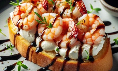Bruschetta de Camarão e Mascarpone com Redução de Vinagre Balsâmico