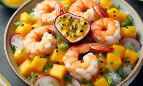 Ceviche de Camarão com Manga e Leite de Tigre de Maracujá