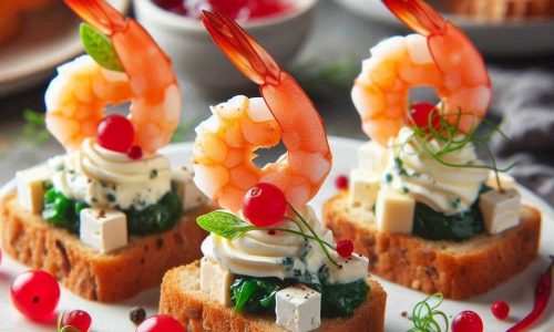 Canapés de Camarão com Mousse de Queijo Brie e Geleia de Pimenta