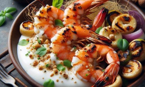 Camarão Grelhado com Espuma de Coco e Farofa de Castanha-do-Pará